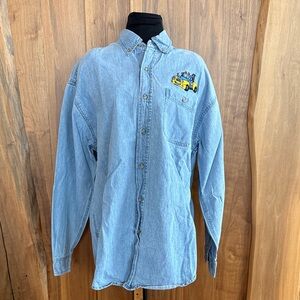 Blue Button Down Denim Shirt with Cartoon Tow truck Patch and Chevron Logo